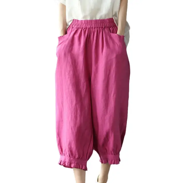 hot selling Cotton Linen Womens Spring Summer Elastic Waist SoLid Color Harem Loose Fit Cropped Pants Casual Female Trousers_voghion.com