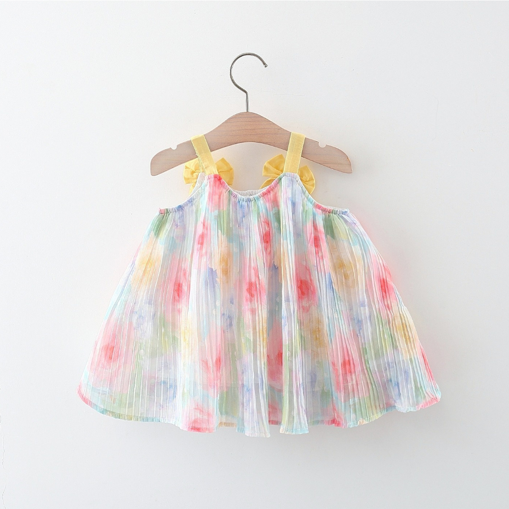 Baby Girl Dress Rose Printed Chiffon Bow Sling Dress Cute Baby Clothes_voghion.com