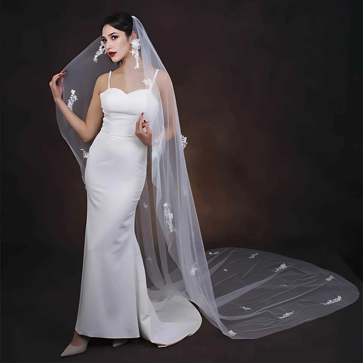 Gioielli per capelli, elegante velo da sposa con perline in pizzo, fiore 3D, lungo, cattedrale, morbido, illusione, con pettine, accessori per la sposa._voghion.com