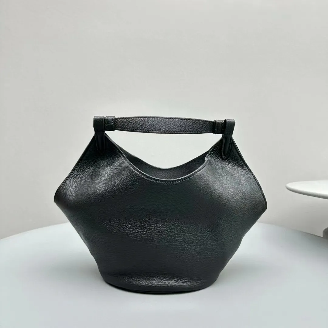 Black Real Calf Leather Mini Lotus Bucket Bag Top Handle Handbag For Women 2024_voghion.com