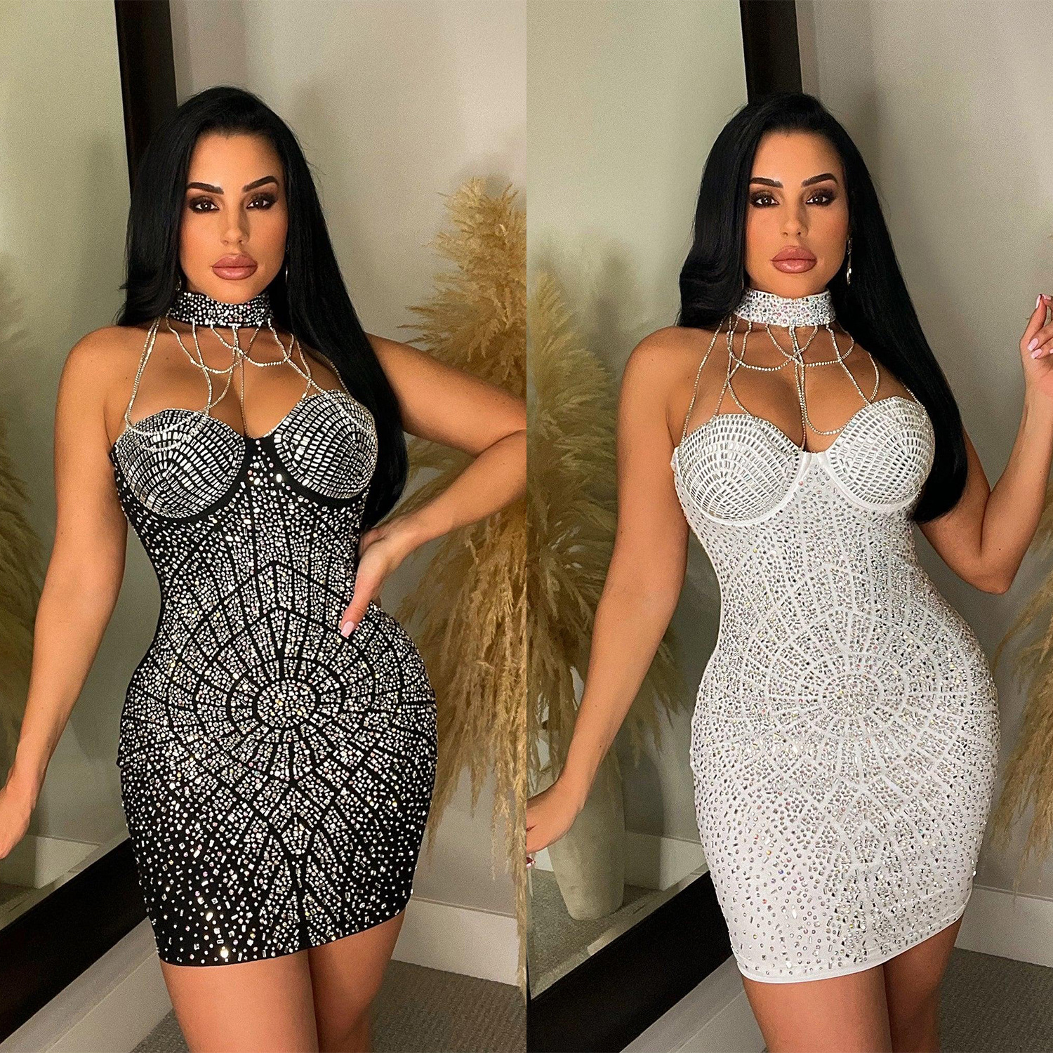 OS6824 Robe sexy moulante cache-cœur à pampilles et strass
