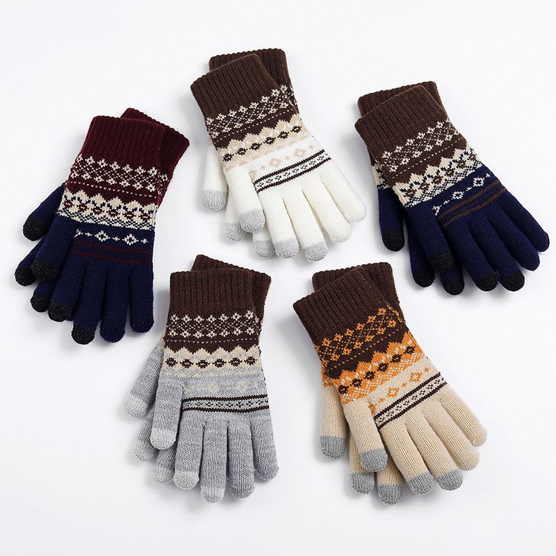 Höst Vinter Vuxen Varm Jacquard stickad Toucreen garn och Veet Anti Cold Finger Handskar_voghion.com