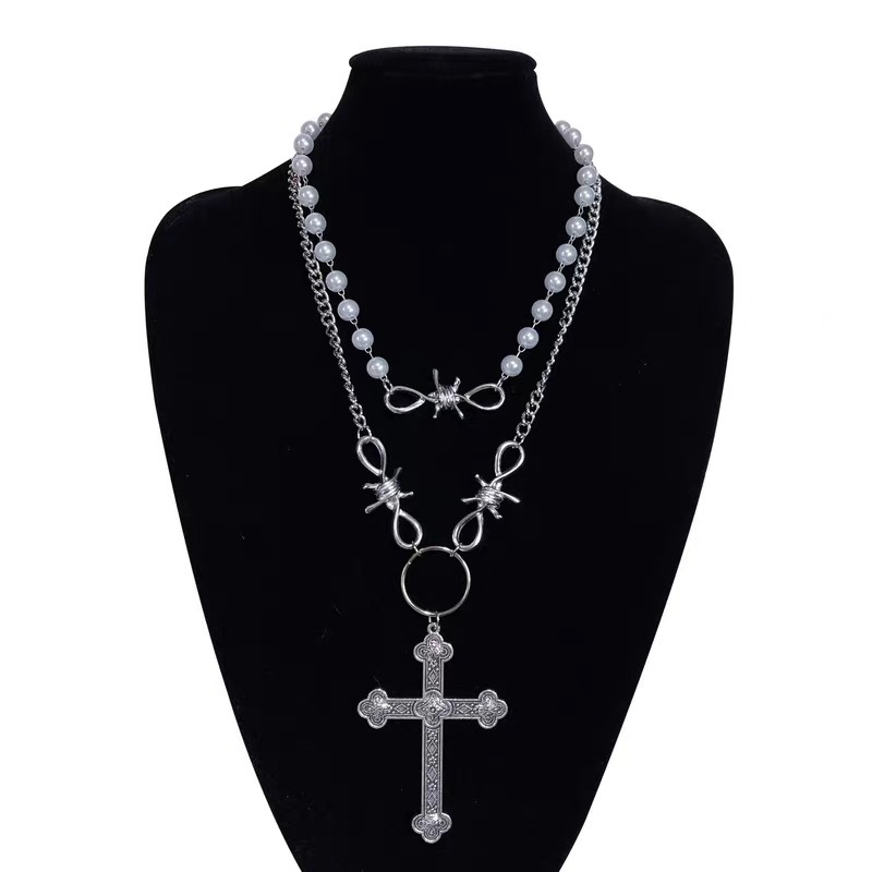 Unisex Gothic retro punk cross pearl necklace_voghion.com