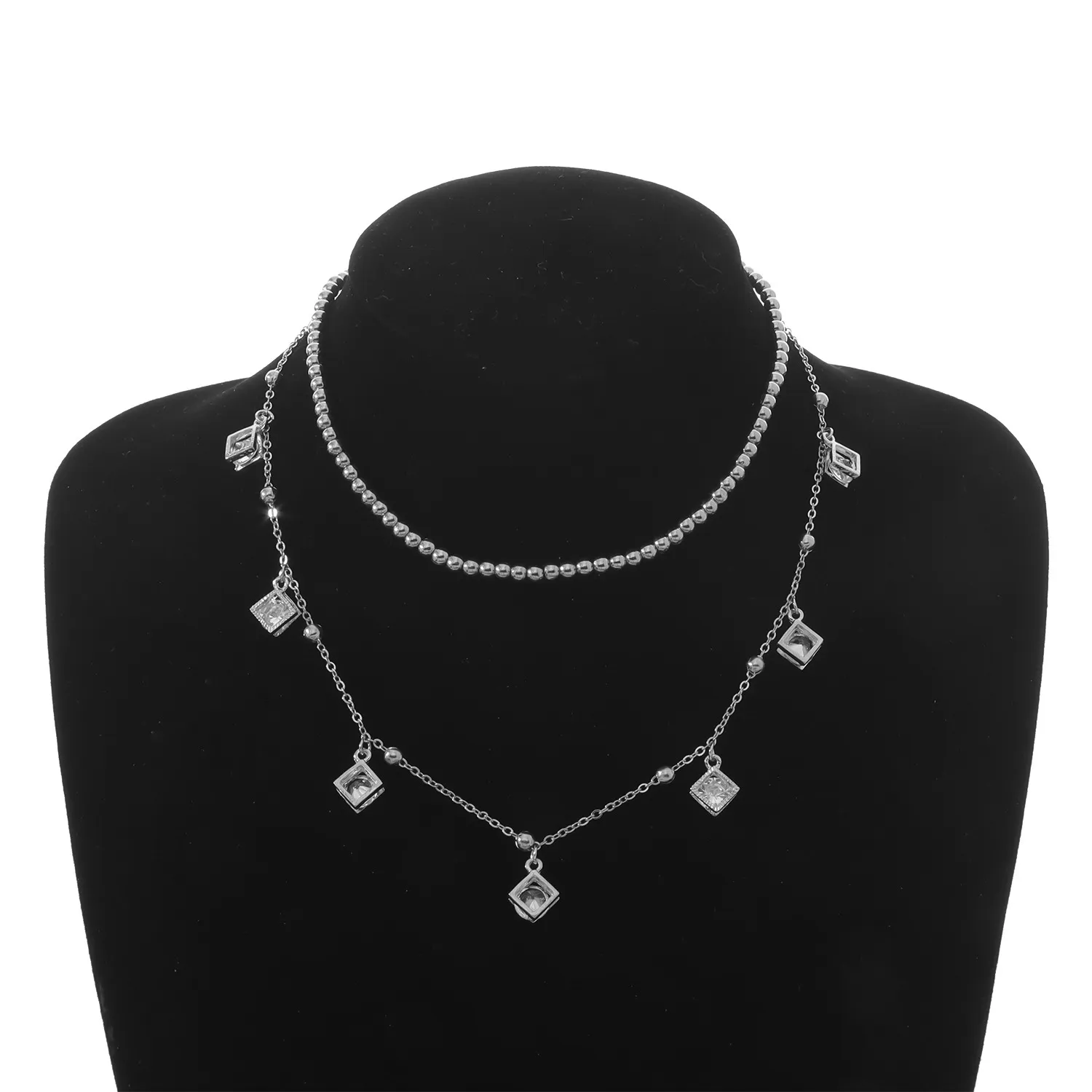 Collane con ciondolo Collana con doppio strato di cristallo quadrato per donna Squisita personalità Semplice perline rotonde Clavicola_voghion.com