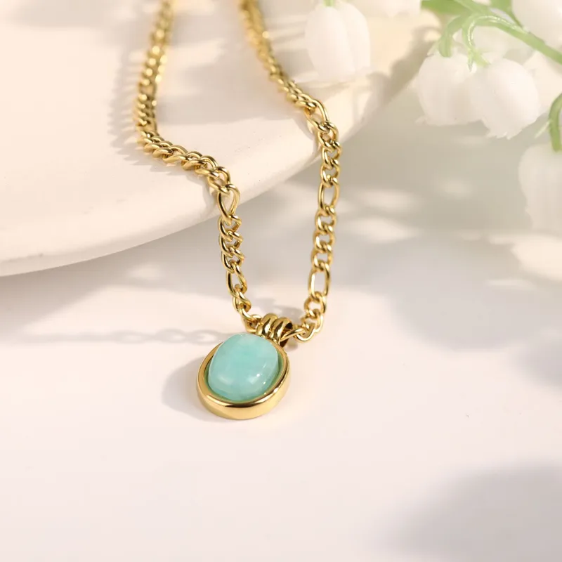 Colliers pendentifs rétro mode vert menthe pierre naturelle romaine ovale chaîne de clavicule bijoux exquis en acier inoxydable_voghion.com