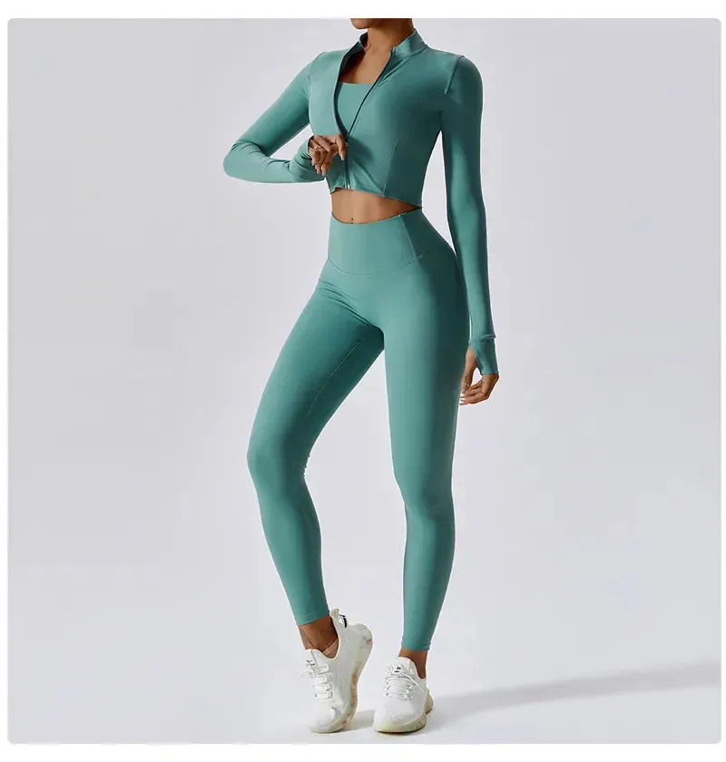 5A Gold Jacke Hosen Frauen definieren Workout drei Stücke zwei Sets Sport Quick Dry Active Wear Luluess Lemoness Jacken Top_voghion.com