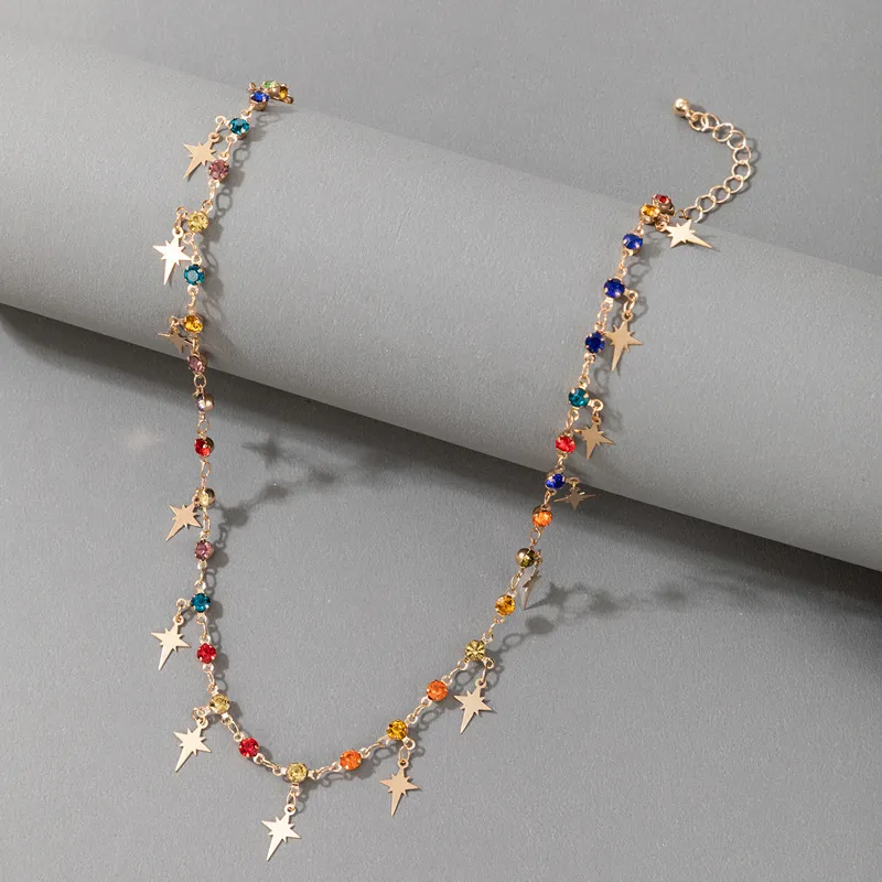 Μοντέρνο κολιέ Chocker Star, μοντέρνα πολύχρωμη κρυστάλλινη αλυσίδα, ρετρό μενταγιόν, χρυσό μεταλλικό Boho κοσμήματα, αλυσίδες_voghion.com