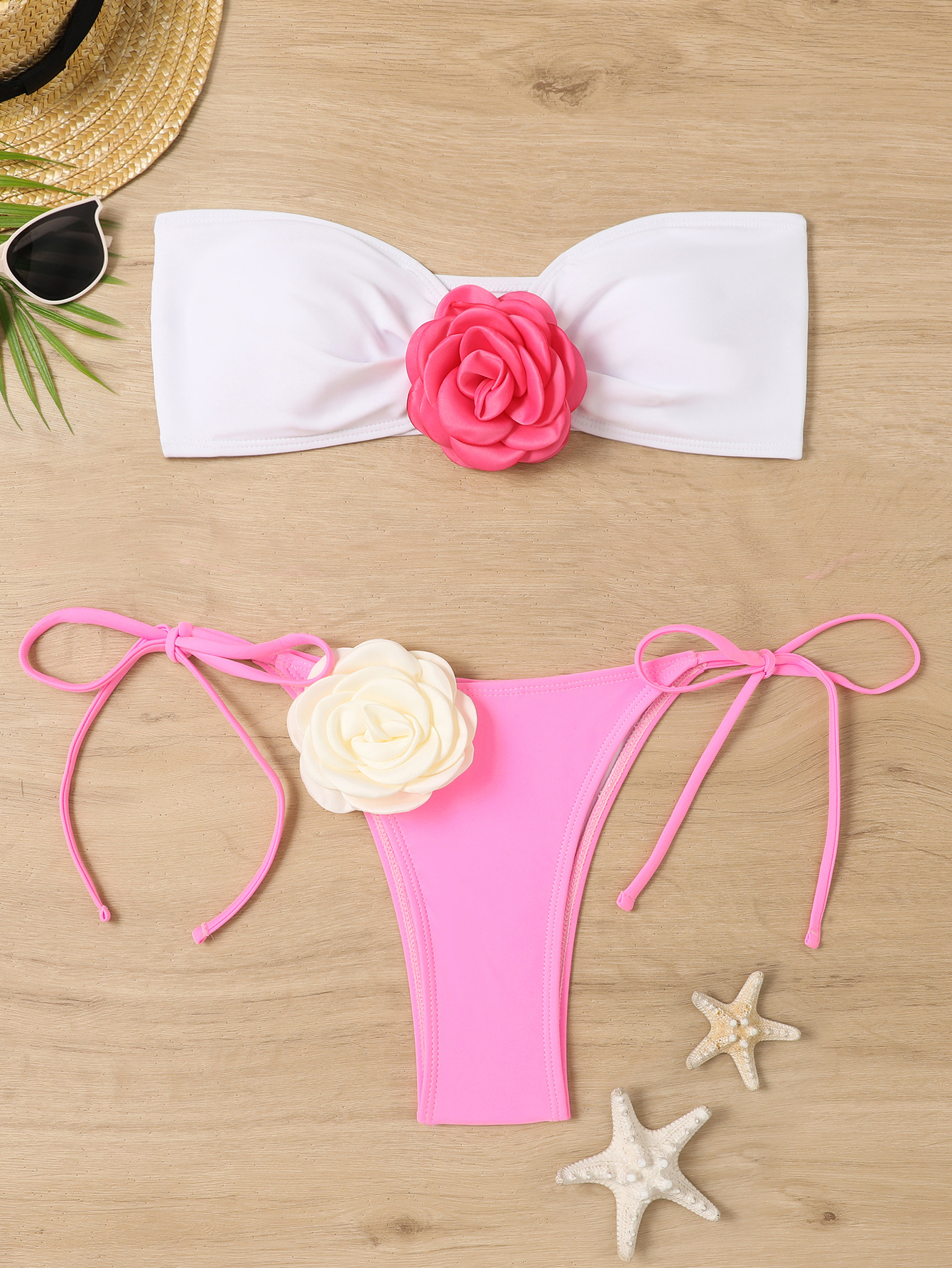  Maillot de bain à lacets pour femmes, couleur contrastée, fleur 3D, haut tubulaire fendu, bikini de plage à la mode_voghion.com