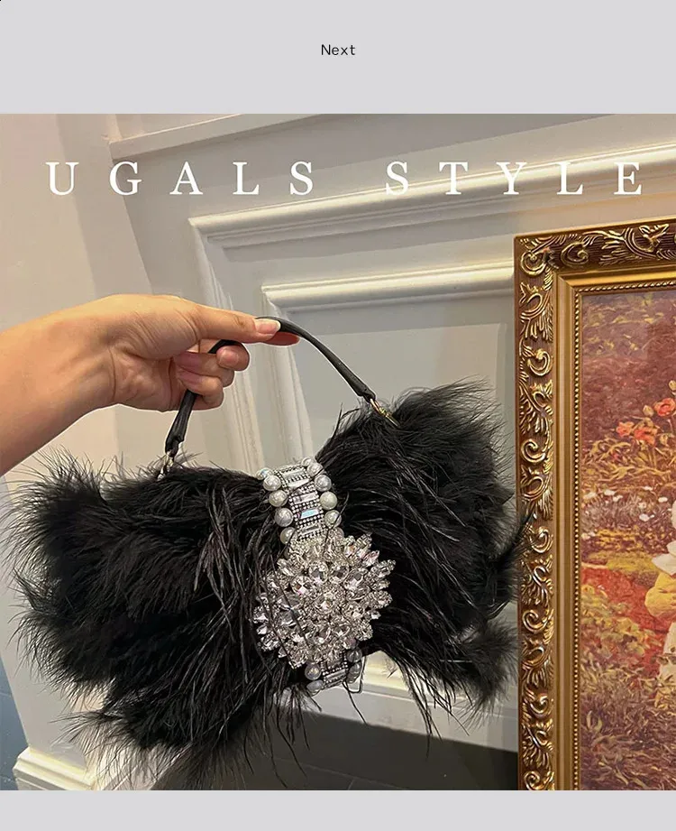 Ostrich Feather Evening Bag With Pearl Details For Women Party_voghion.com