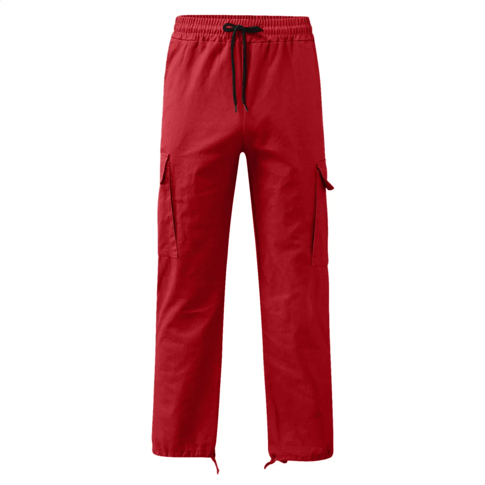 Calças para homens comprimento total cor sólida solta vários bolsos bolsos com cordão calças cargo masculinas 3XL 240813_voghion.com