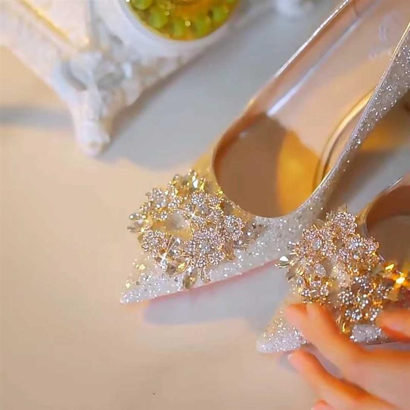p7French sequined crystal diamond wedding shoes engagement wedding dress Xiuhe banquet bridesmaid bride shoes banquet not tired feet high heels