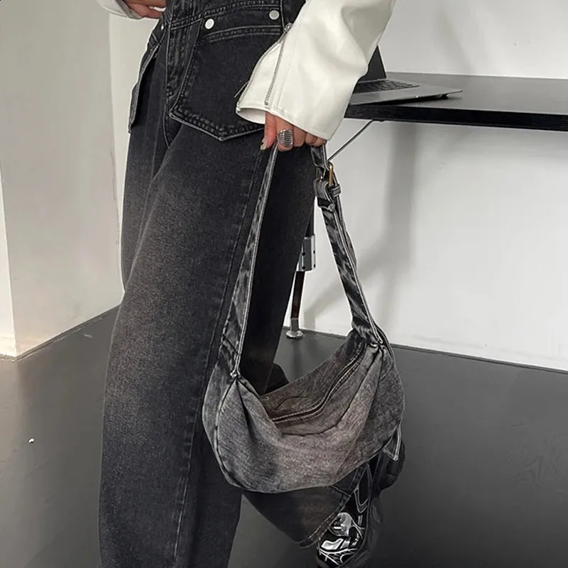 Borse Hobos in denim per donna, borse e borsette in stile casual semplice, spallacci larghi, tracolla 240902_voghion.com