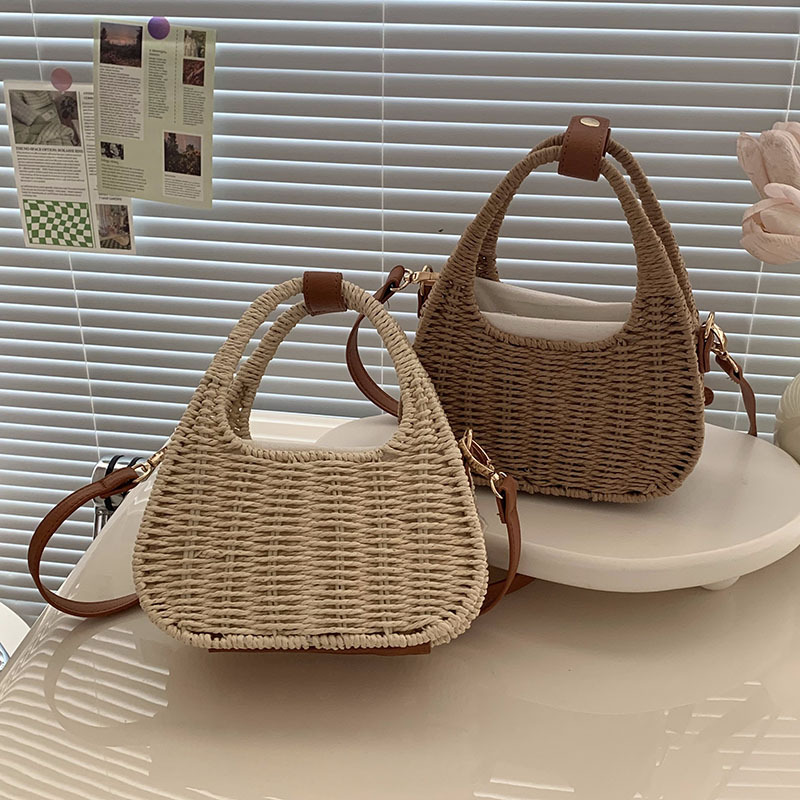 Einteilige Umhängetasche aus Stroh, vielseitige handgehaltene Strohtasche, gewebte Tasche, Urlaubs-Strandtasche, koreanische Rattantasche_voghion.com