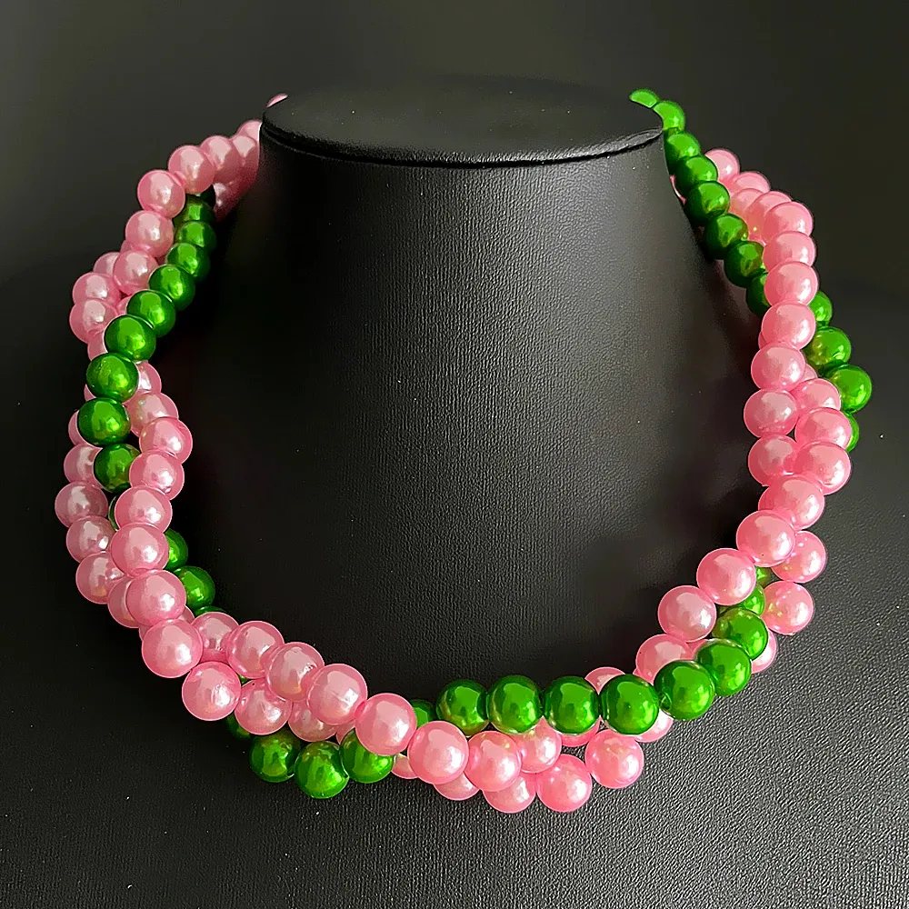 Collana girocollo multistrato con perle intrecciate rosa e verde_voghion.com