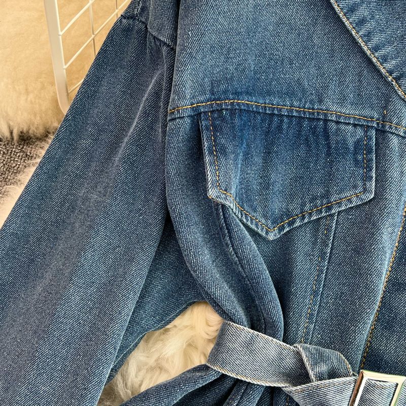 Damenbekleidung Temperament Taille mit Gürtel farblich passendes Denim lässiges mittellanges T-Shirt-Kleid_voghion.com