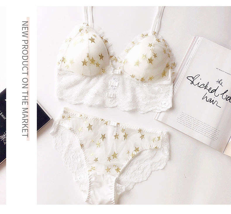Women's clothing soft and cute girl bra set star print lace triangle cup light breathable suspender underwear set_voghion.com