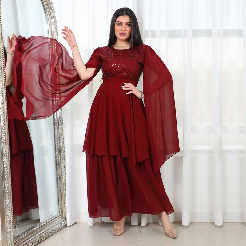Women's Clothing autumn new Arabic sequin evening dress muslim with belt_voghion.com