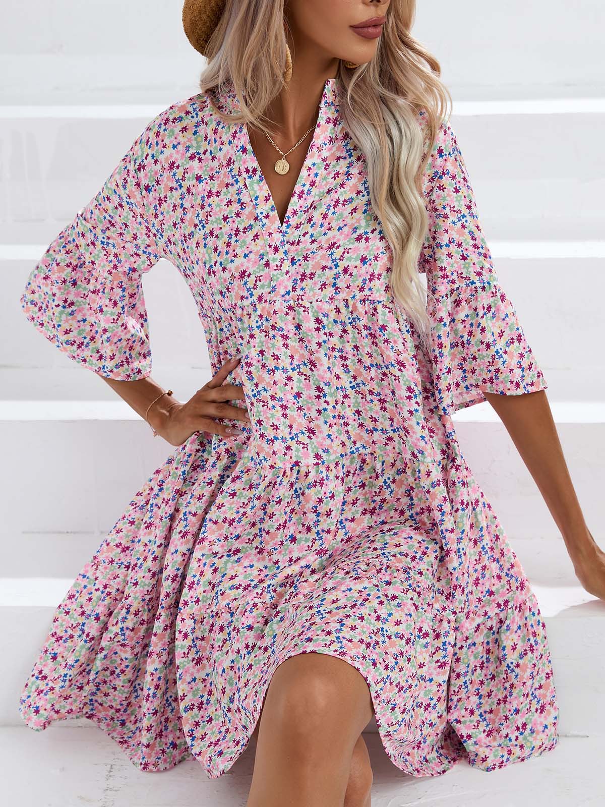 Abito da donna con gonna corta casual con scollo a V allentato estivo 2023_voghion.com