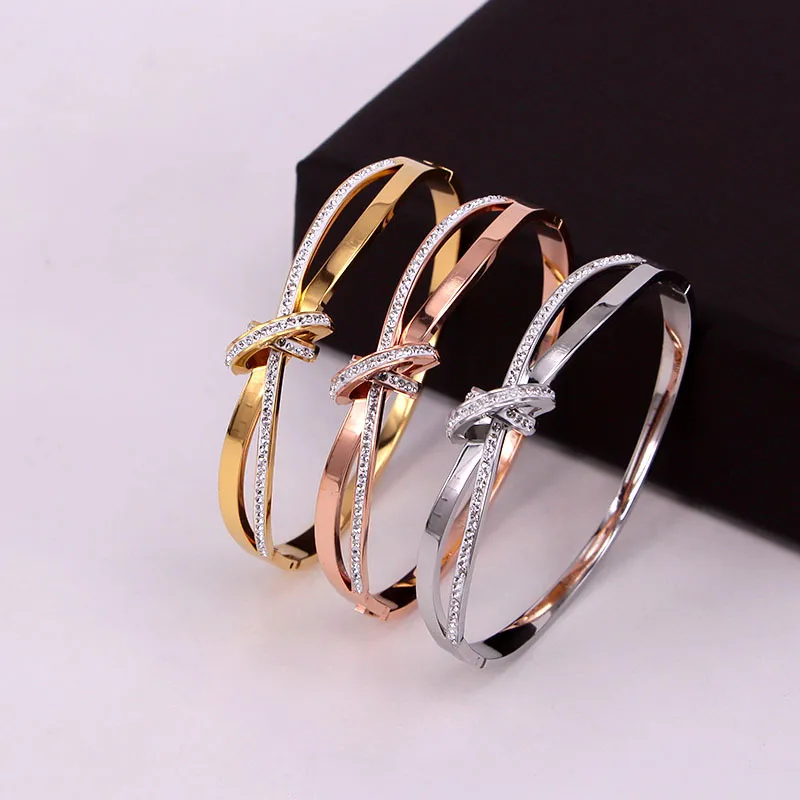 Crystal Bowknot Bangle Bracelet For Women Rose Gold Plated Gift_voghion.com