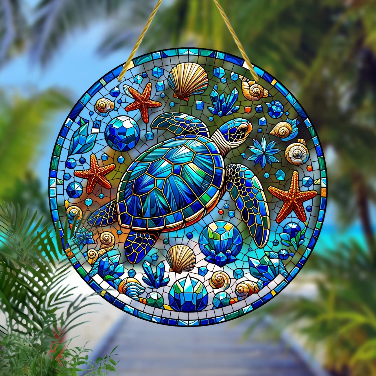1pc 8''x8'' Round Acrylic Turtle & Starfish Suncatcher, Dyed Wreath Design. Perfect For Room/cafe/outdoor Decor. Holiday Gift Idea._voghion.com