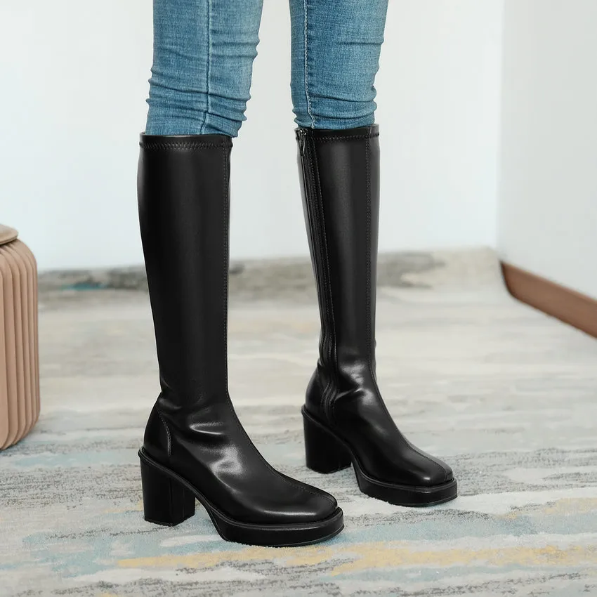 Knee Boots Heel Women's Square Below 2024 Winter Solid Color Fashion Warm Women Shoes Comfortable With Side Z 55_voghion.com