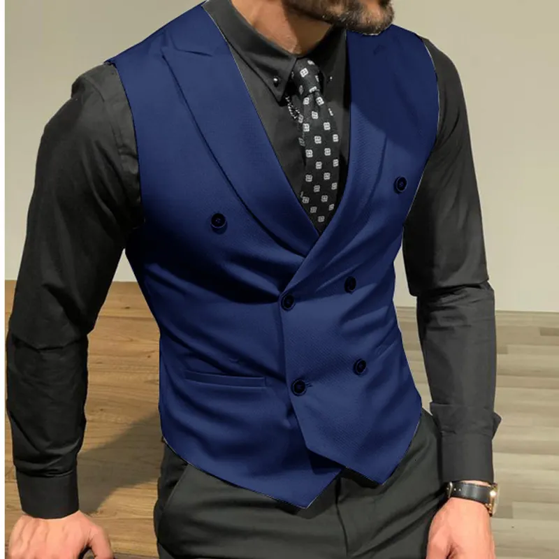 Ärmlös herrkostymväst med dubbelknäppt slim fit för marskalkar för bröllop, affärsmässig singel herrkappa_voghion.com