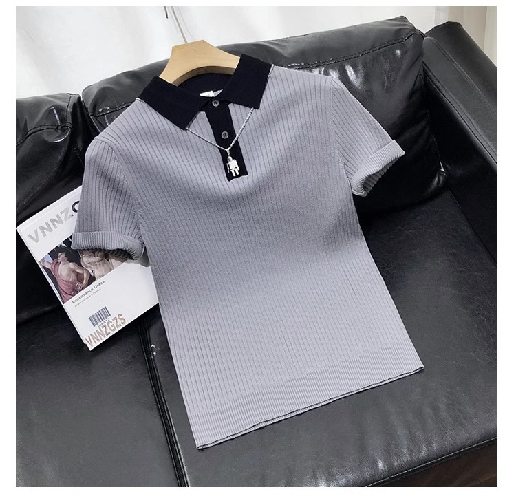 Herrenbekleidung Gestreiftes, kontrastfarbenes, kurzärmliges Poloshirt aus Strick für Herren, neue Sommerkleidung, hochwertiges, lässiges, atmungsaktives Revers-T-Shirt_voghion.com