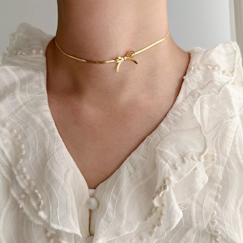 Necklace Choker Bow Necklace Snake Bone Small Fresh Titanium Steel Gold Plated Sier Does Not Fade_voghion.com