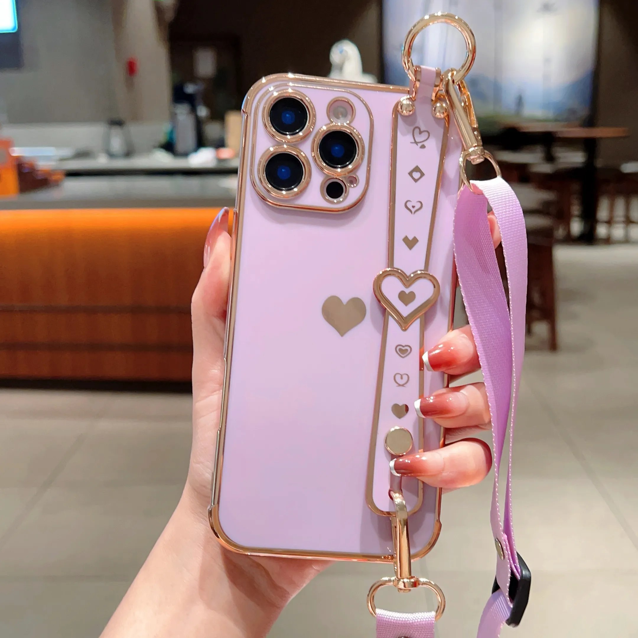 Elegant Heart-Shaped Phone Case: With Adjustable Strap For Security - Protective Mobile Accessory_voghion.com