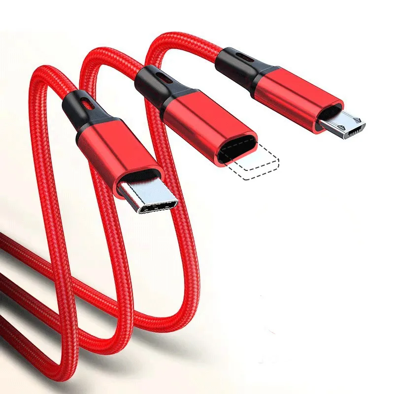 1 Meters 2m 3-in-1 Data Copper Core Nylon Braided Anti-stretch Multi-port Android V8 Type C 2a Fast Charge Mobile Phone_voghion.com