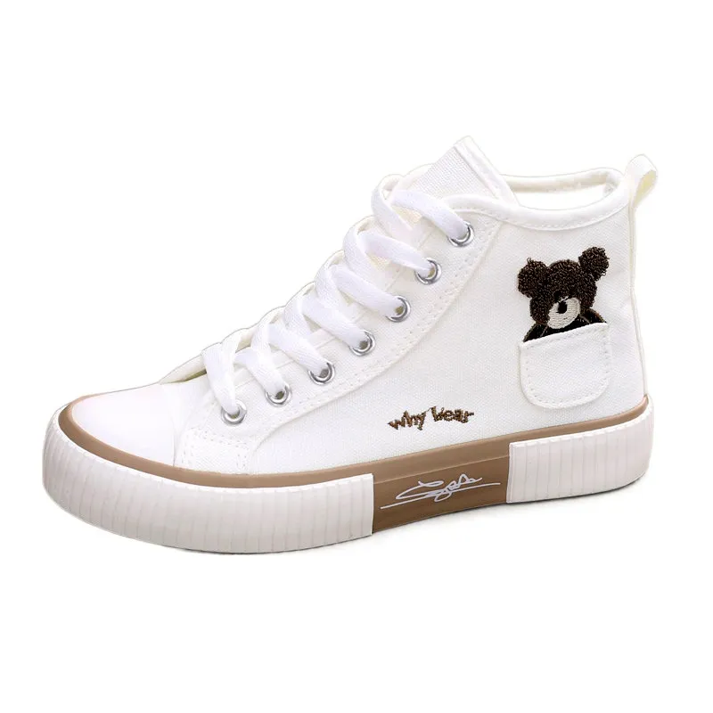 Comemore High-Top Canvas Frau Vulkanisierte Schuhe Wohnungen Casual Espadrilles Für Frauen Frühling Dame Schwarz Weiß Bär Lace Up_voghion.com