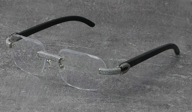2022 Nuovo Nero Mix Bianco Montature in Corno di Bufalo Occhiali da Sole in Legno Senza Montatura con Diamanti incastonati Occhiali da Uomo Donna con Decorazione C Rocce_voghion.com