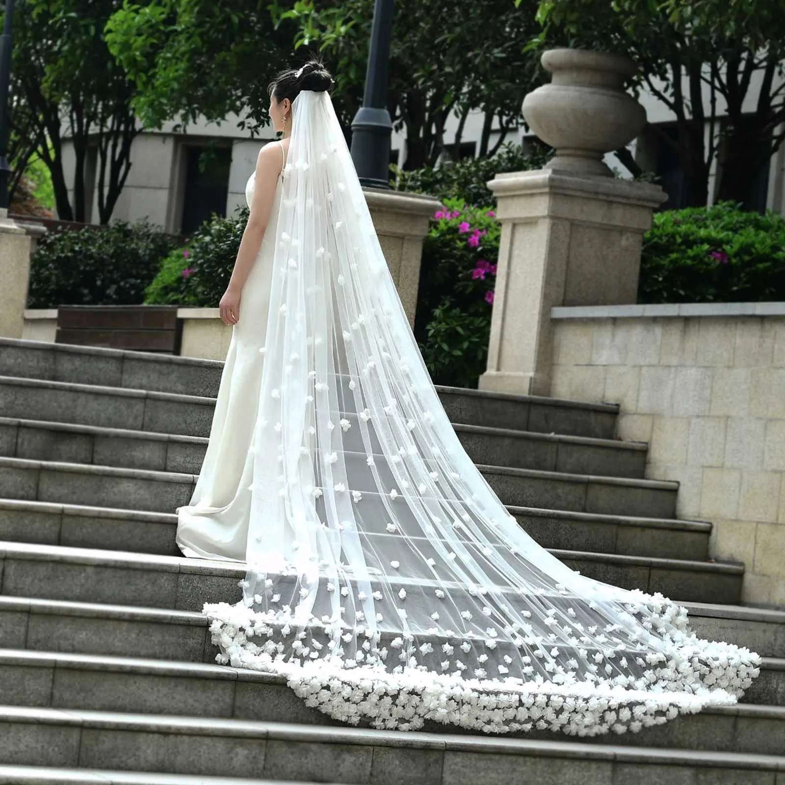 Hair Jewelry 3D Flowers Bridal Long Cathedral 1 Layer Soft Wide Veil With Comb Wedding Accessories For Bride V93_voghion.com