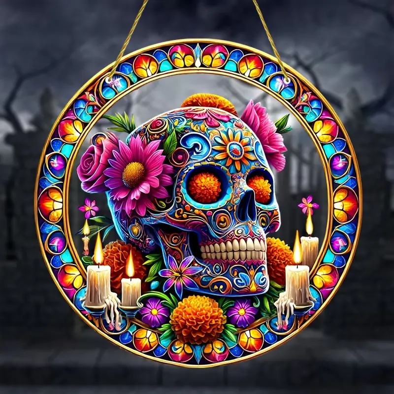 Vibrant Sugar Skull Suncatcher - 9" Stained Acrylic Art. Festive Decor For Dia De Muertos Celebrations Or Cafe Spaces._voghion.com