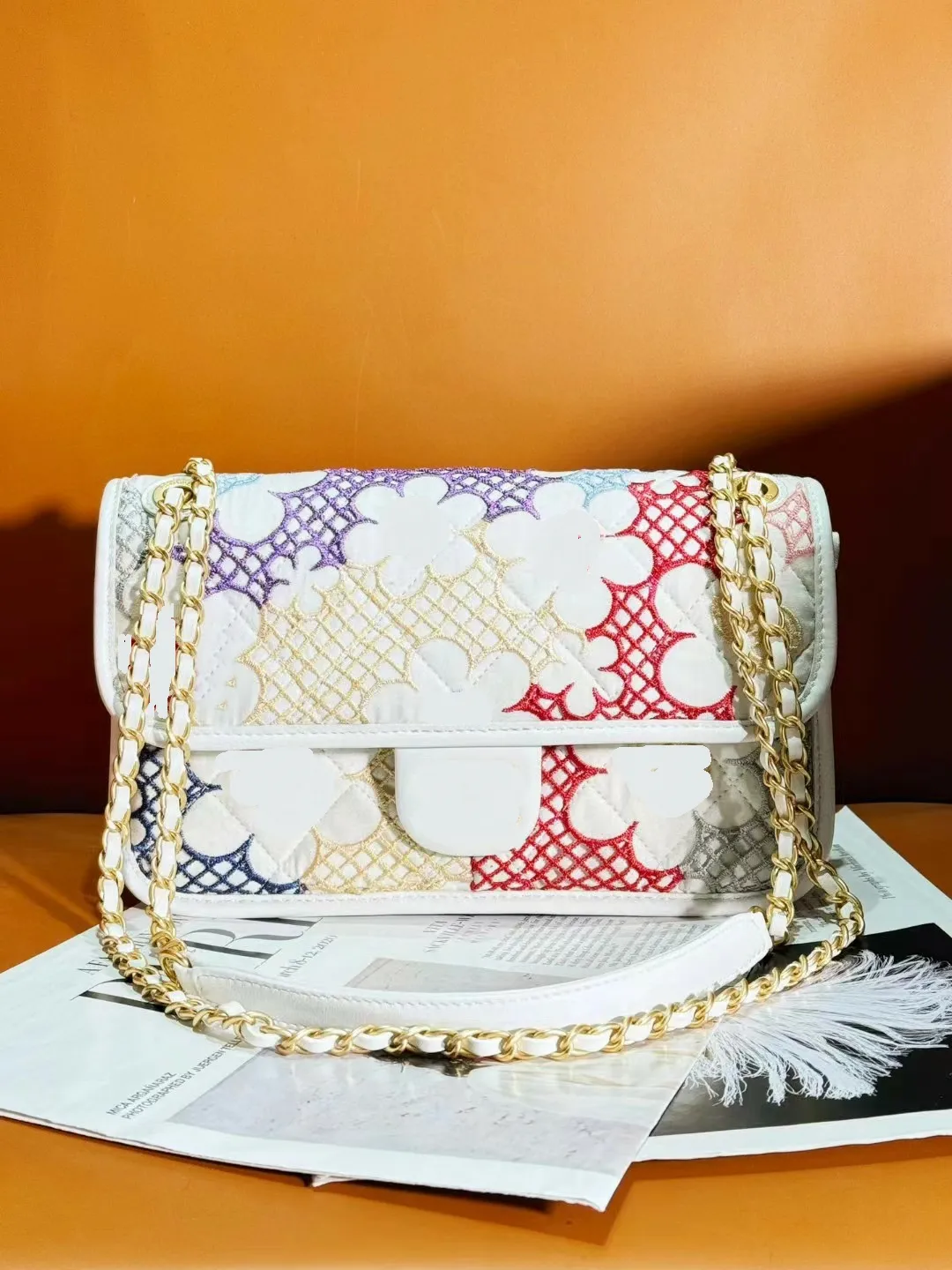 Top Designer Klassische Klappe Bunte Stickerei CF Handtaschen Gold Hardware Schnalle Doppel Ketten Schulter Taschen Stoff Frauen_voghion.com