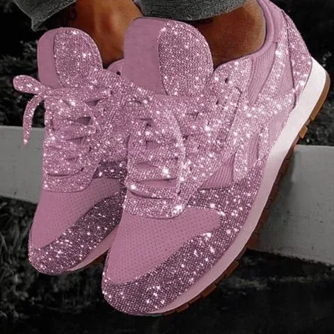 Women Casual Glitter Mesh Flat Ladies Sequin Vulcanized Lace Up Sneakers Outdoor Sport Running Shoes_voghion.com