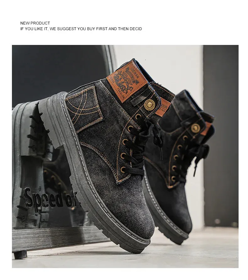 Denim Mid Top Casual Boots For Men Breathable Height Increasing_voghion.com
