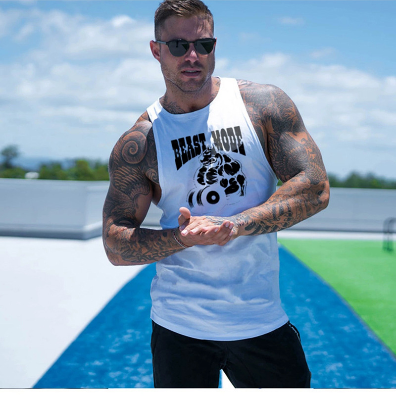 Sportstanktop, muskeltype racerback, ærmeløs træningst-shirt med bogstaver, trendy løstsiddende fitnesstøj til mænd_voghion.com