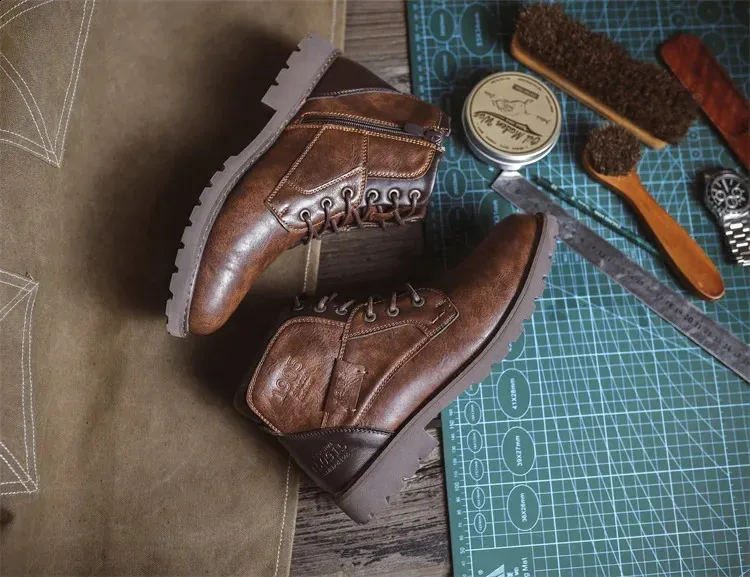 Bottines de travail en cuir marron pour homme, faites à la main, pour l'automne et l'hiver, style vintage, en tendon de bœuf, 240830_voghion.com
