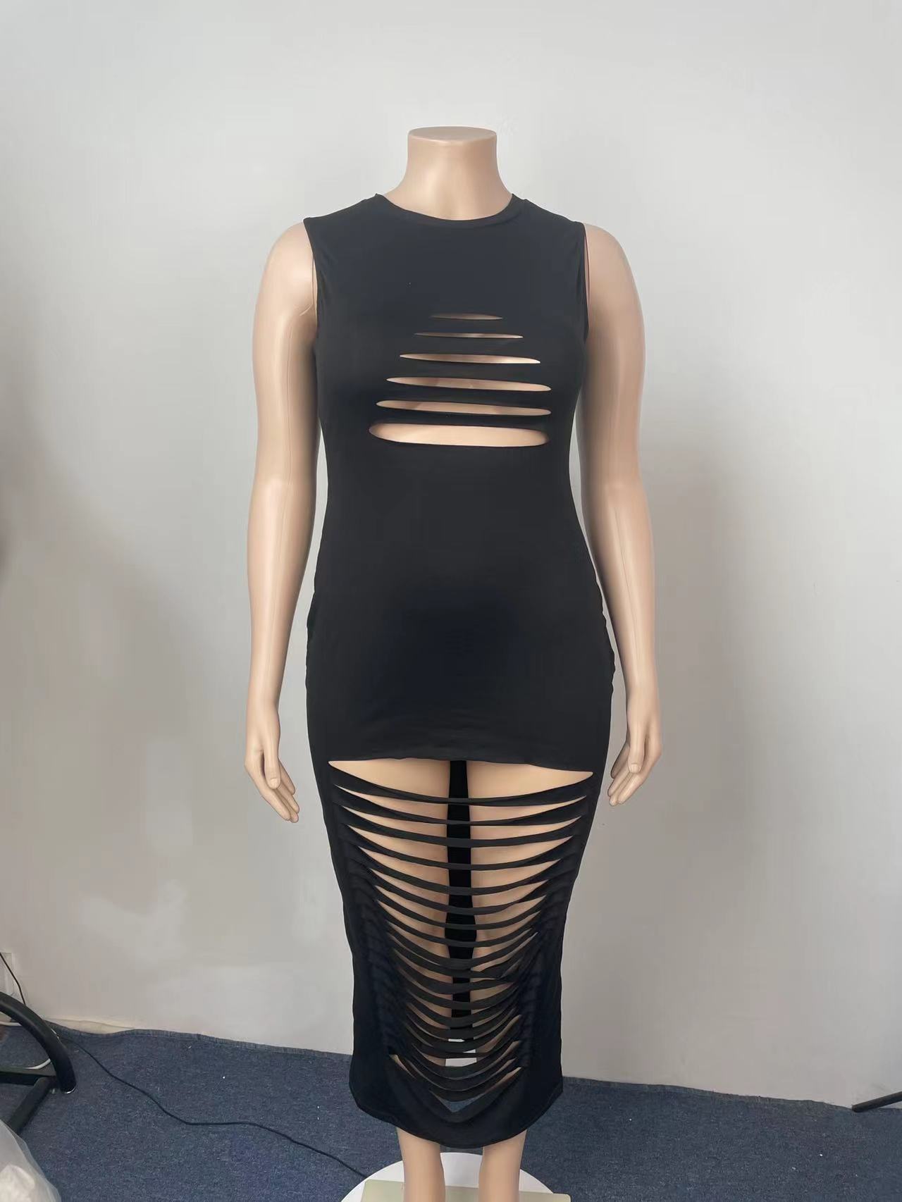 Vêtements pour femmes, couleur unie, sexy, ajouré, fleur brûlée, robe grande taille_voghion.com