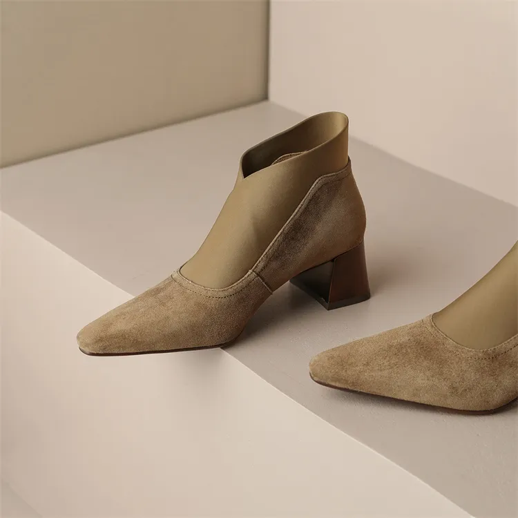 2024 New Spring Square Toe Women Pumps High Women's Heels Party Shoes Retro Kid Suede D074_voghion.com