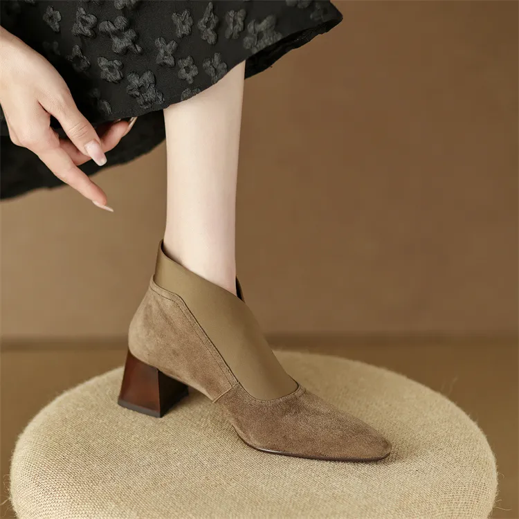 2024 New Spring Square Toe Women Pumps High Women's Heels Party Shoes Retro Kid Suede D074_voghion.com