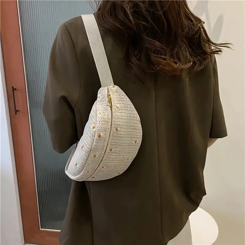 Borsa a tracolla traspirante a forma di luna, con cerniera, tracolla regolabile in vita, motivo floreale all'uncinetto, da donna_voghion.com