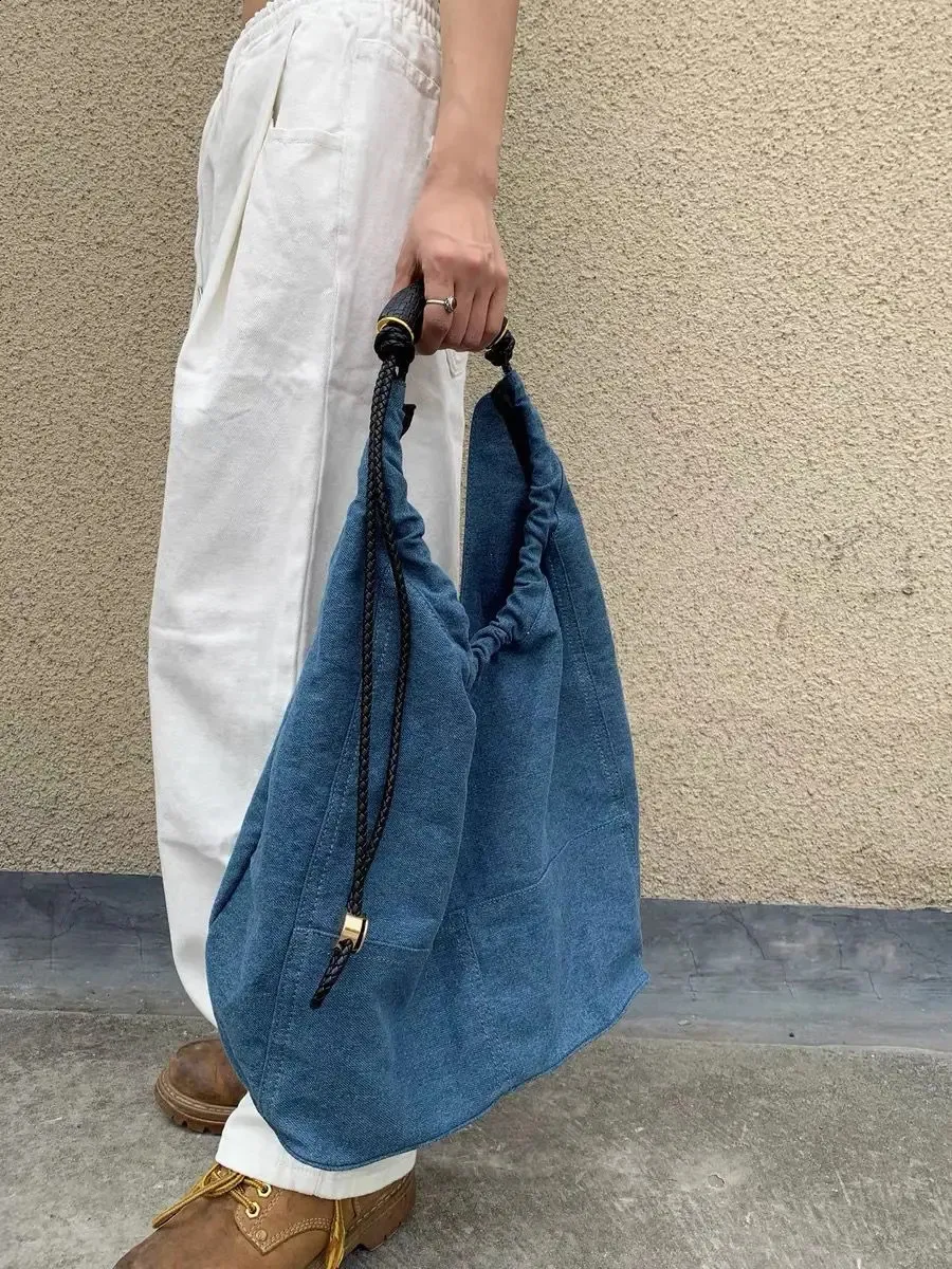 Borse a secchiello con coulisse per donne borse a mano borse 2024 in denim alla moda grande capacità plissettata spalla tote 240902_voghion.com