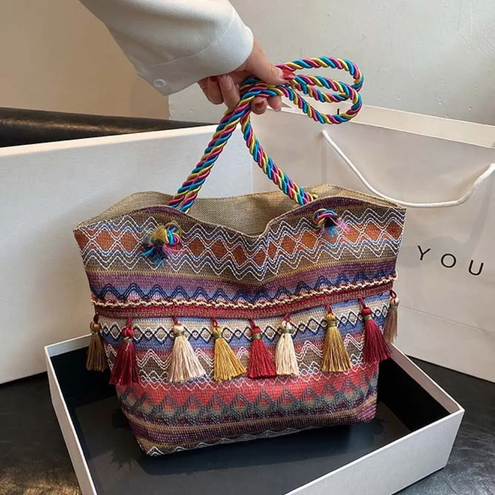 Stripe Ethnic Shoulder Tassel Large Capacity Canvas Colorful Handbag Travel Storage Bag Korean Style_voghion.com