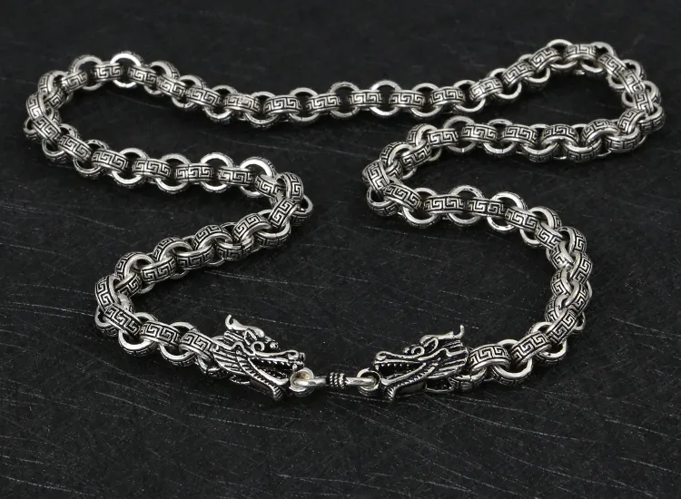 Kjeder Mote Mann Sterling Sier Halskjeder Vintage Kinesisk Stil Drage Formet Lenkekjede Kreative Mannlige Smykker_voghion.com