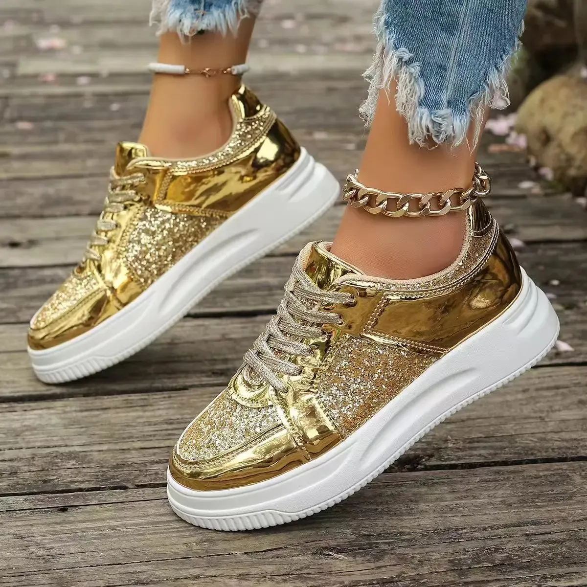 Women's Gold Sequins Platform Sneakers Autumn Fashion Casual Sports Thick Bottom Vulcanized Woman Flats Heels Shoes_voghion.com