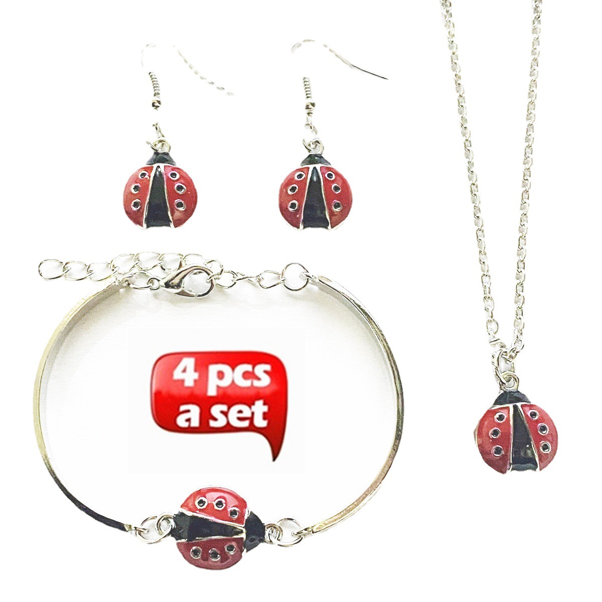 Collane 4 pezzi/set da donna alla moda con ciondolo a forma di coccinella, orecchini, bracciale, collana_voghion.com