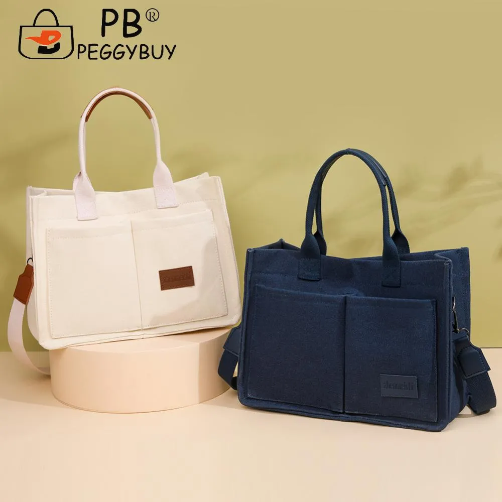 Women Fashion Shoulder Large Capacity Canvas Simple Shopping Adjustable Strap Multi Pockets Casual Satchel Bag_voghion.com