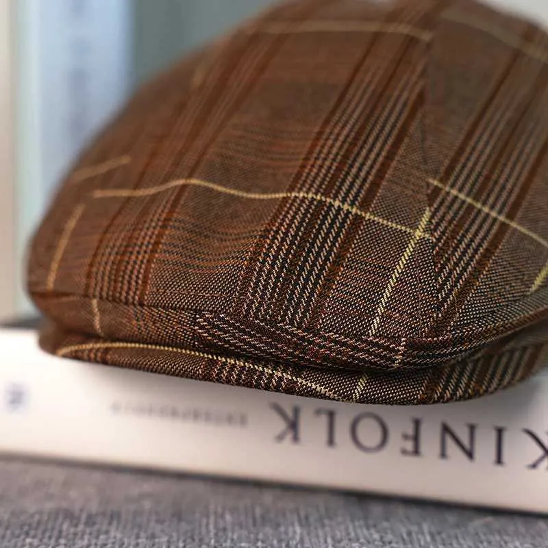 Brown Checkered Button en Cotton Womens Mens Ivy Driving Spring and Autumn Flat Hat Retro Gatsby Beret A-54 Y241031_voghion.com